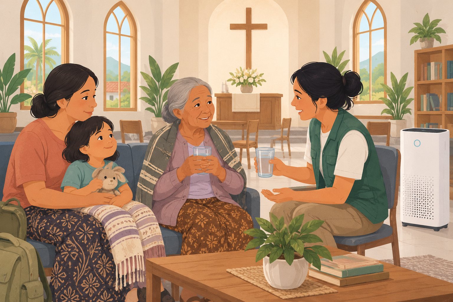 Ilustrasi: Relawan gereja mendampingi keluarga dan lansia di ruang pemulihan dengan udara bersih.